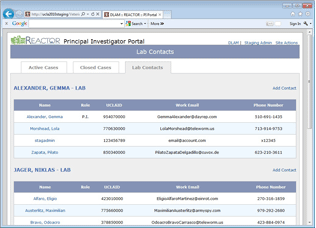 PI Portal lab contact management screen