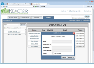 REACTOR lab contact management screen